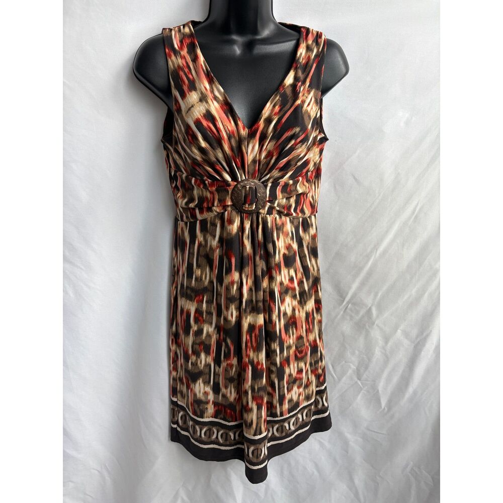 Vintage Studio I Midi Dress Size 6P Retro 90s Wood Buckle V Neck Geo Brown